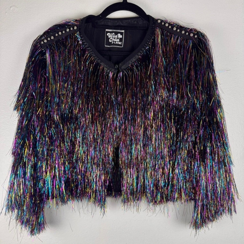 Wild Child Rainbow Tinsel Fringe Jacket Iridescent Studded Festival Shrug XL